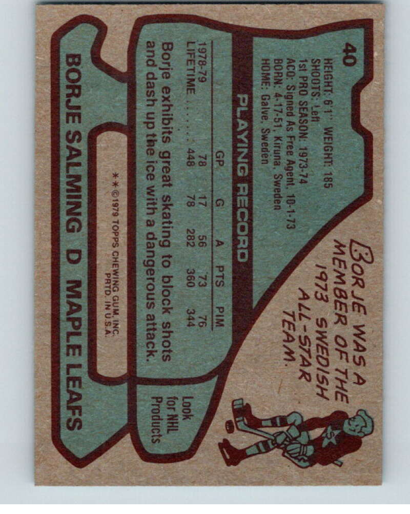 1979-80 Topps #40 Borje Salming AS Toronto Maple Leafs V81404 Image 2