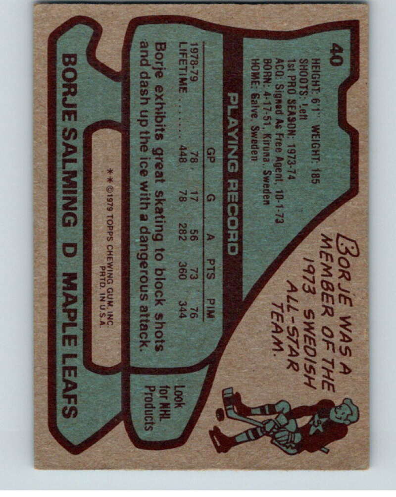 1979-80 Topps #40 Borje Salming AS Toronto Maple Leafs V81405 Image 2