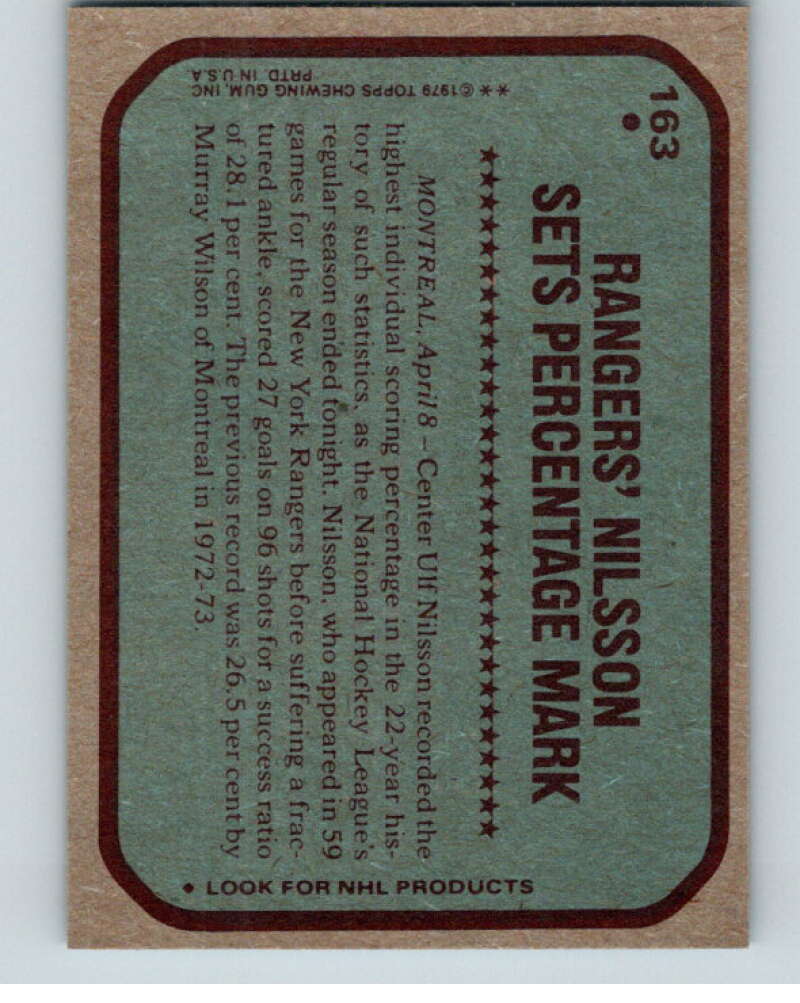 1979-80 Topps #163 Ulf Nilsson RB New York Rangers V81733 Image 2