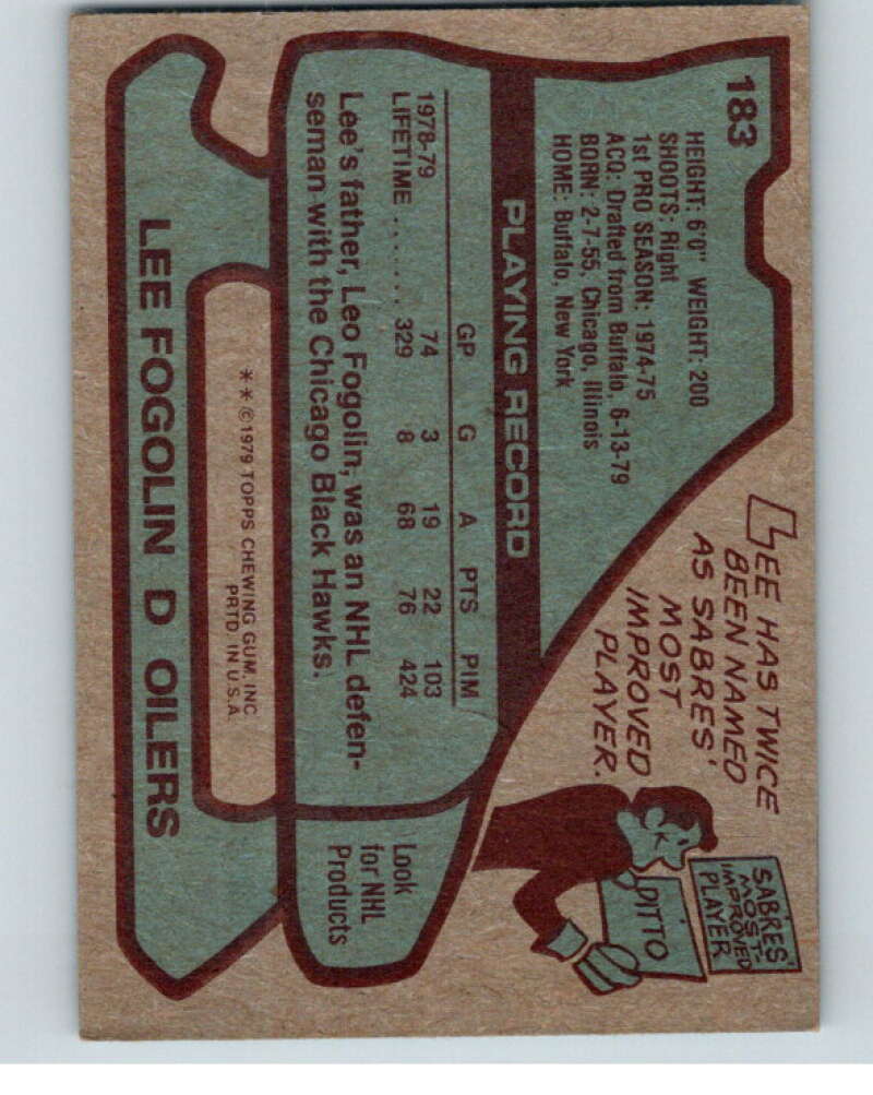 1979-80 Topps #183 Lee Fogolin Edmonton Oilers V81789 Image 2