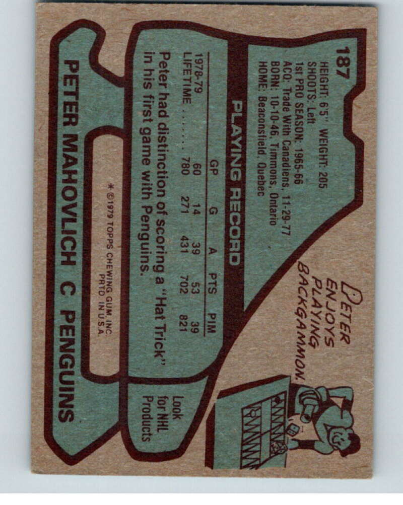 1979-80 Topps #187 Pete Mahovlich Pittsburgh Penguins V81803 Image 2