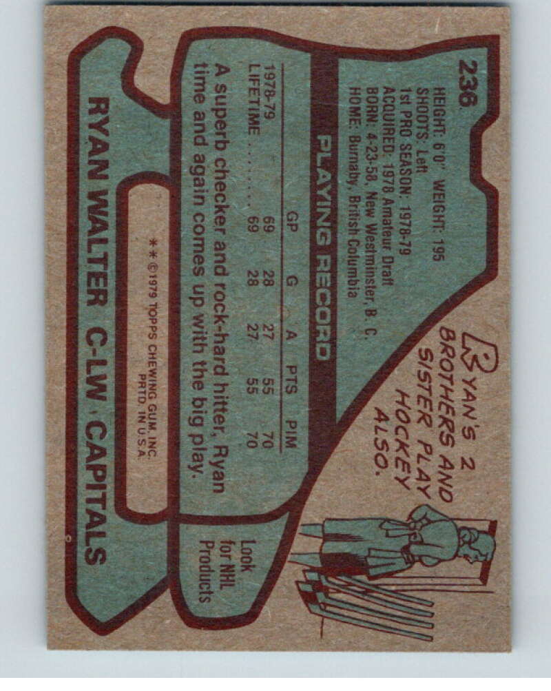 1979-80 Topps #236 Ryan Walter RC Rookie Washington Capitals V81947 Image 2