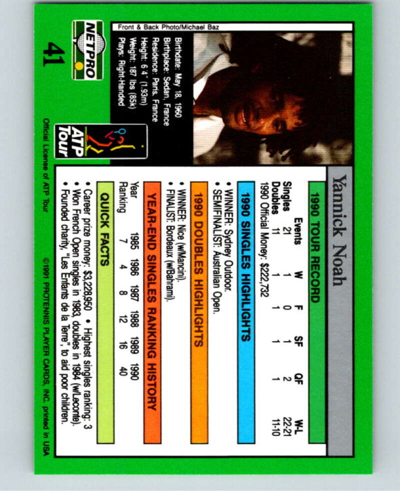 1991 NetPro Tour Stars Tennis #41 Yannick Noah V82078 Image 2
