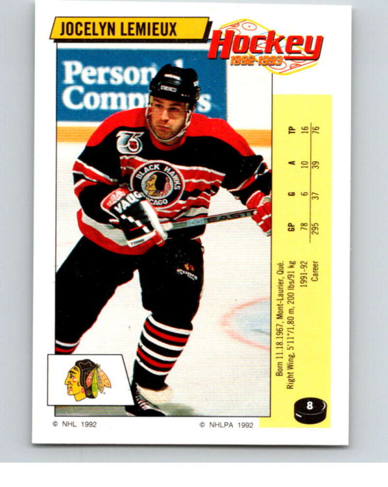 1992-93 Panini Stickers Hockey #8 Jocelyn Lemieux Chicago Blackhawks V82459 Image 1