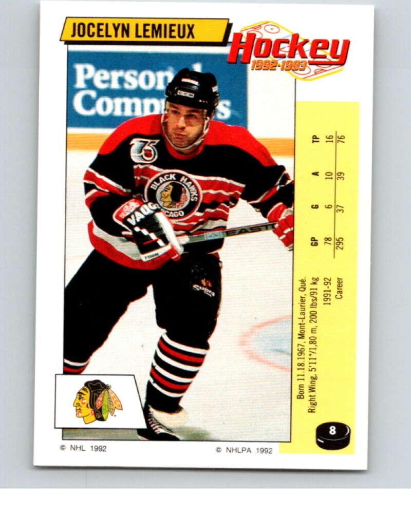 1992-93 Panini Stickers Hockey #8 Jocelyn Lemieux Chicago Blackhawks V82460 Image 1