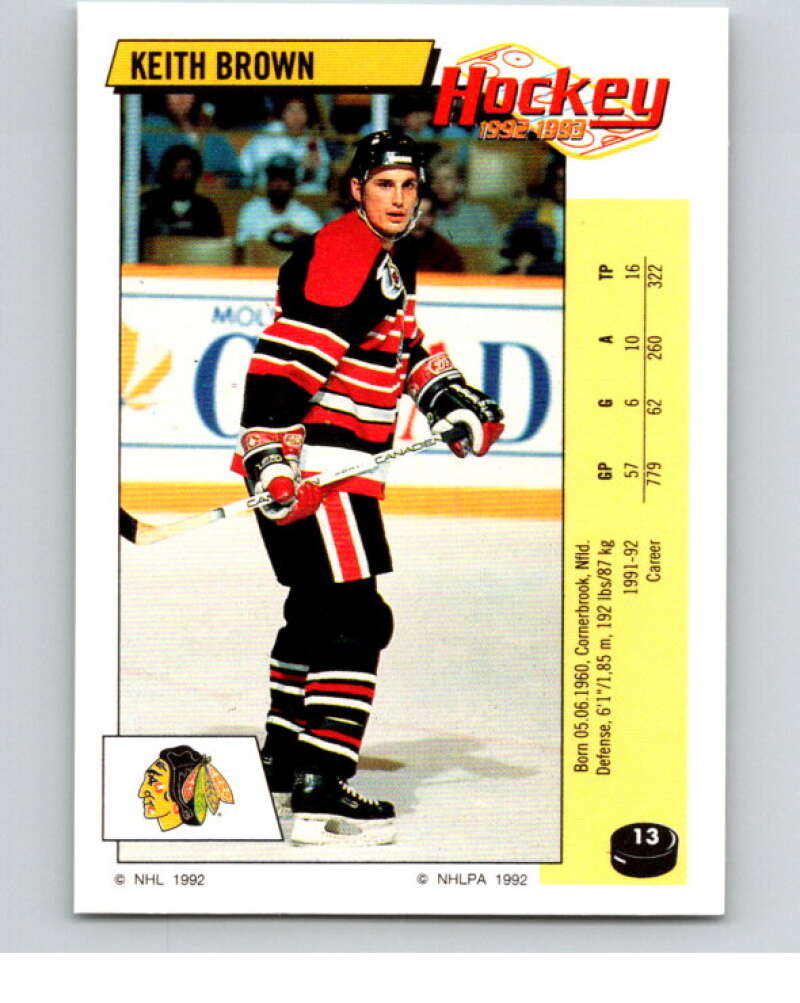 1992-93 Panini Stickers Hockey #13 Keith Brown Chicago Blackhawks V82470 Image 1