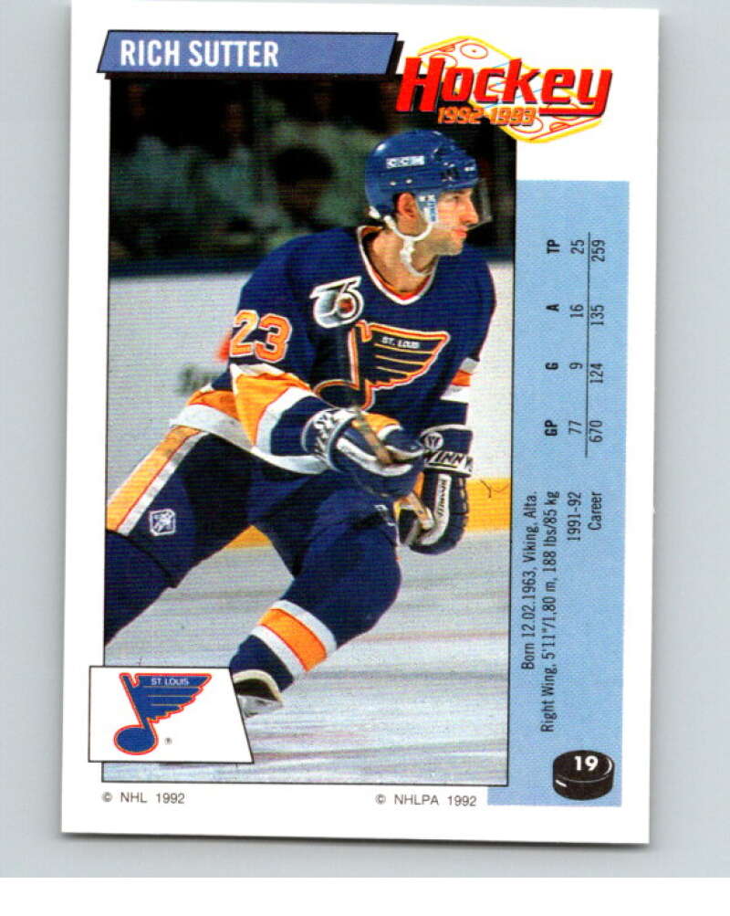1992-93 Panini Stickers Hockey #19 Rich Sutter St. Louis Blues V82482 Image 1