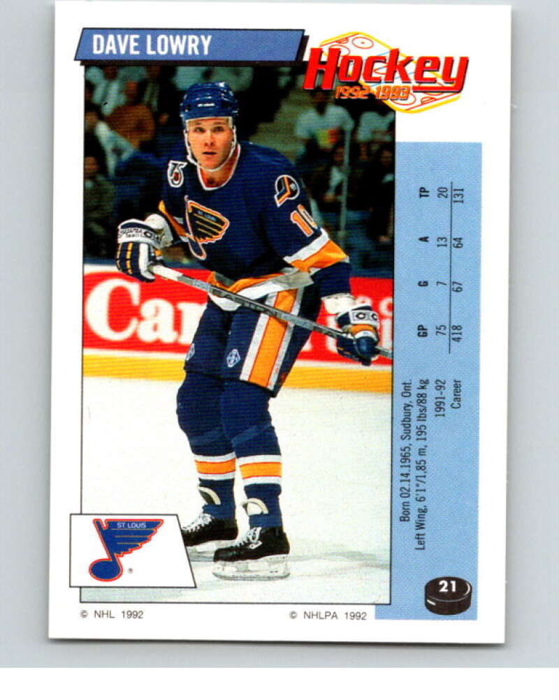 1992-93 Panini Stickers Hockey #21 Dave Lowry St. Louis Blues V82487 Image 1