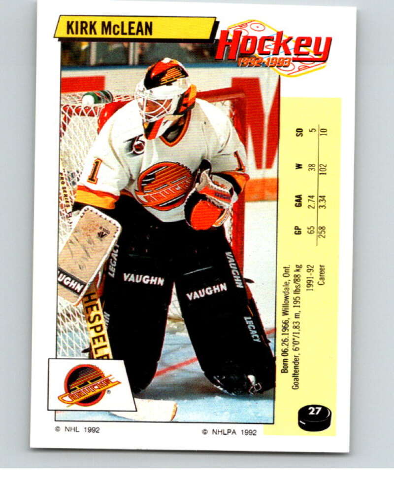 1992-93 Panini Stickers Hockey #27 Kirk McLean Vancouver Canucks V82500 Image 1