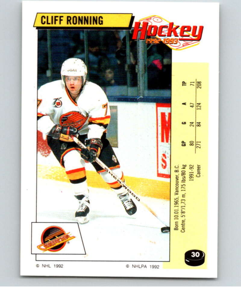 1992-93 Panini Stickers Hockey #30 Cliff Ronning Vancouver Canucks V82506 Image 1