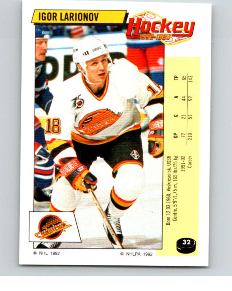 1992-93 Panini Stickers Hockey #32 Igor Larionov Vancouver Canucks V82510 Image 1