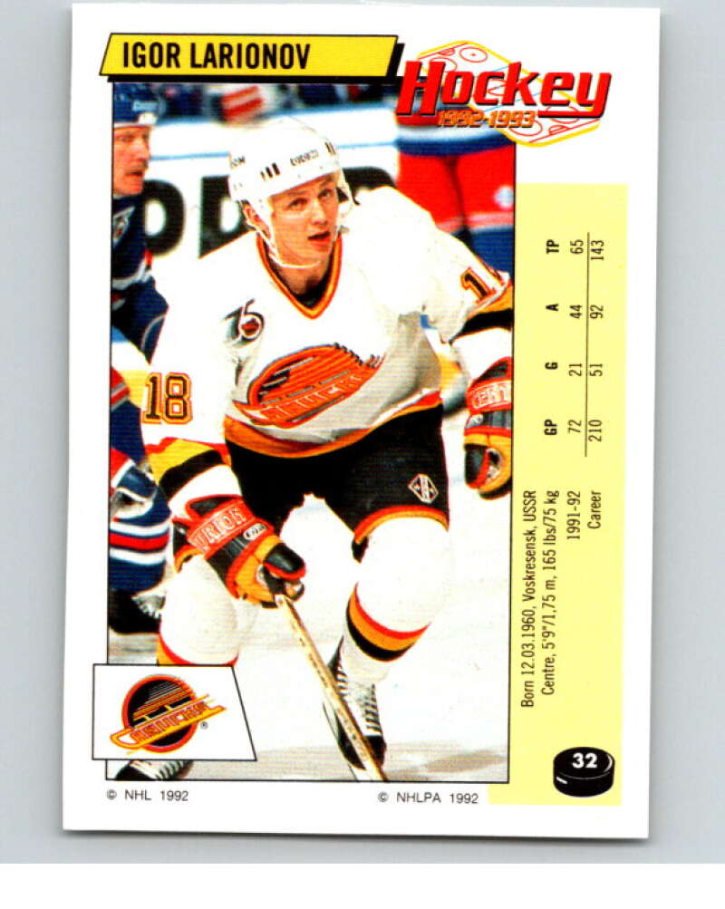 1992-93 Panini Stickers Hockey #32 Igor Larionov Vancouver Canucks V82511 Image 1