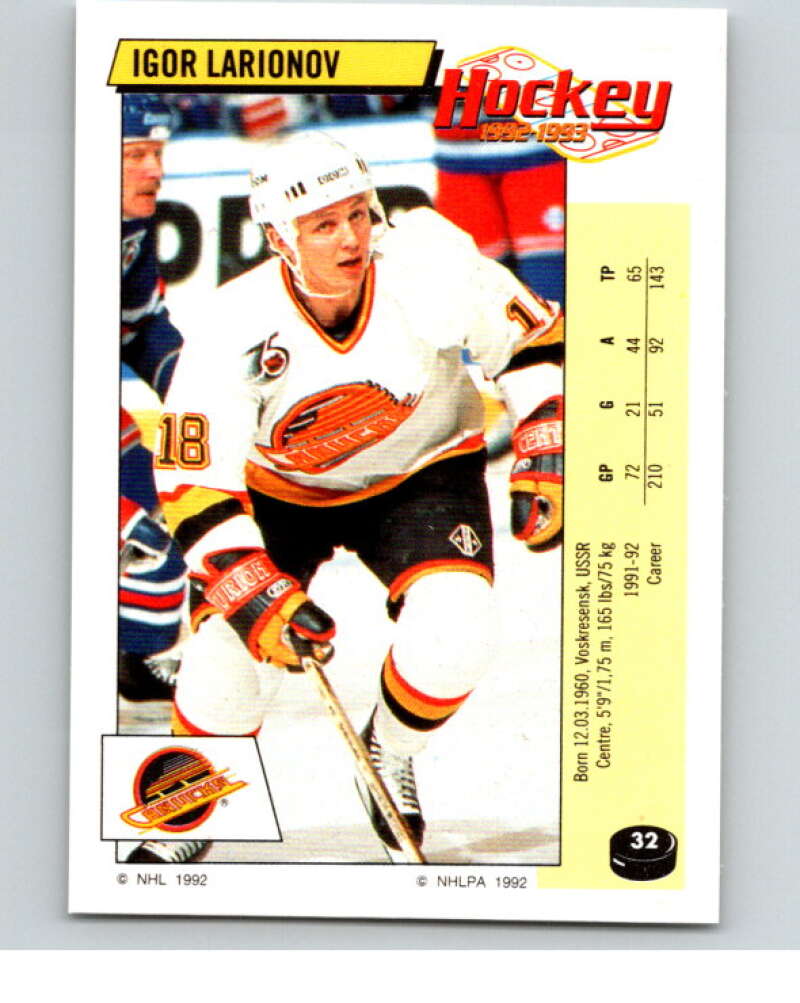 1992-93 Panini Stickers Hockey #32 Igor Larionov Vancouver Canucks V82512 Image 1