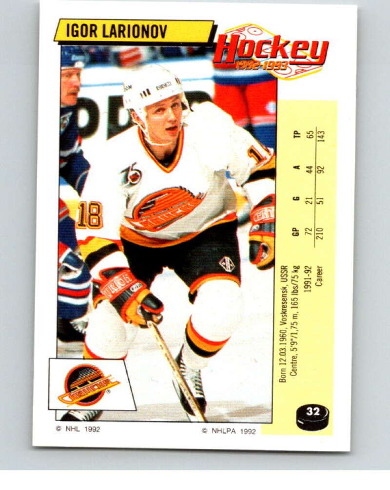 1992-93 Panini Stickers Hockey #32 Igor Larionov Vancouver Canucks V82513 Image 1