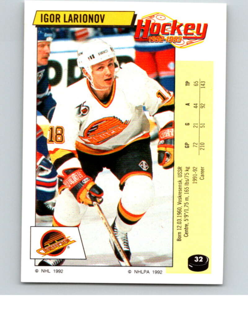 1992-93 Panini Stickers Hockey #32 Igor Larionov Vancouver Canucks V82515 Image 1