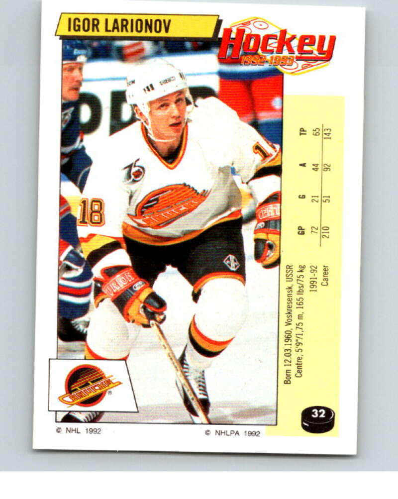 1992-93 Panini Stickers Hockey #32 Igor Larionov Vancouver Canucks V82516 Image 1