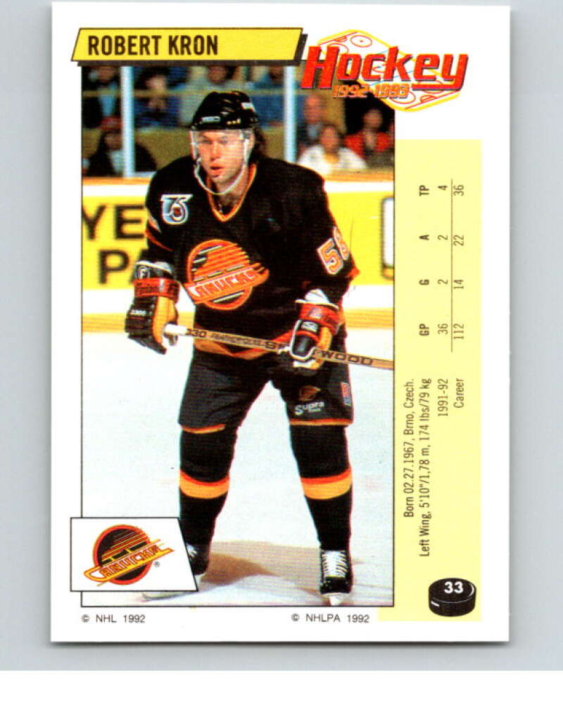 1992-93 Panini Stickers Hockey #33 Robert Kron Vancouver Canucks V82517 Image 1