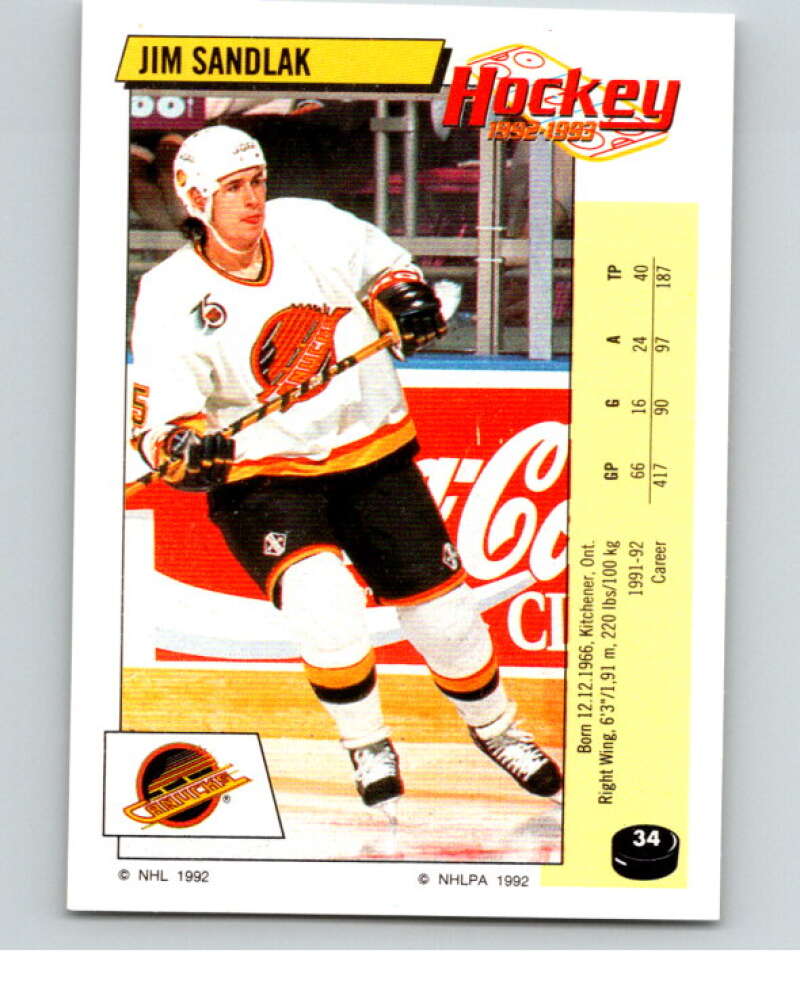 1992-93 Panini Stickers Hockey #34 Jim Sandlak Vancouver Canucks V82518 Image 1