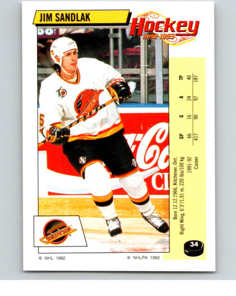 1992-93 Panini Stickers Hockey #34 Jim Sandlak Vancouver Canucks V82520 Image 1