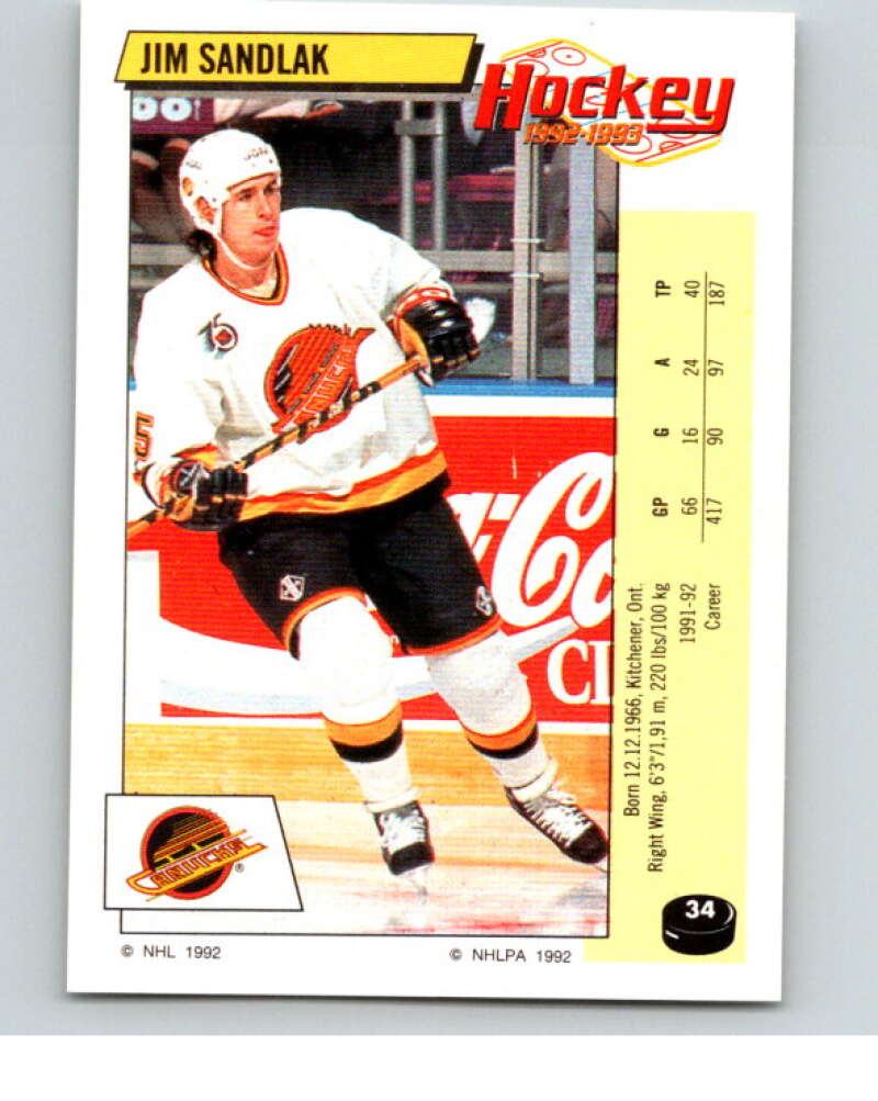 1992-93 Panini Stickers Hockey #34 Jim Sandlak Vancouver Canucks V82521 Image 1