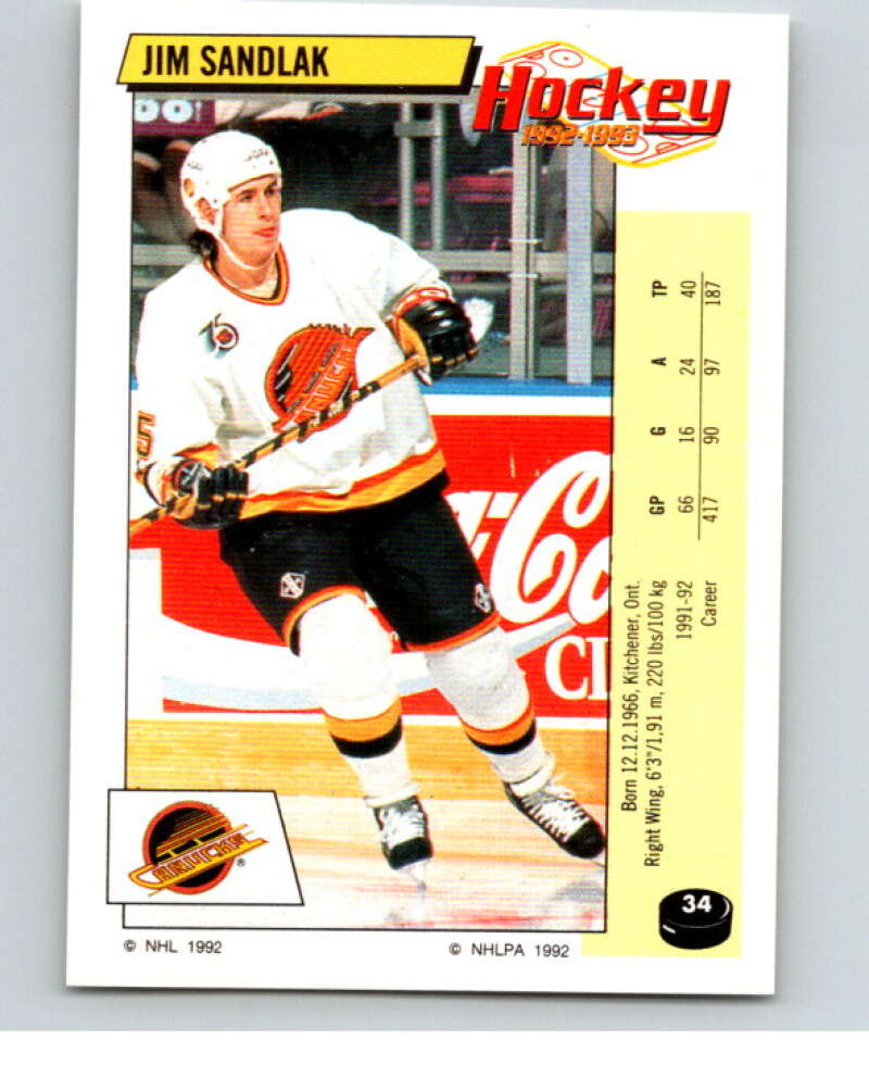 1992-93 Panini Stickers Hockey #34 Jim Sandlak Vancouver Canucks V82522 Image 1