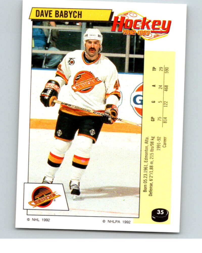 1992-93 Panini Stickers Hockey #35 Dave Babych Vancouver Canucks V82526 Image 1