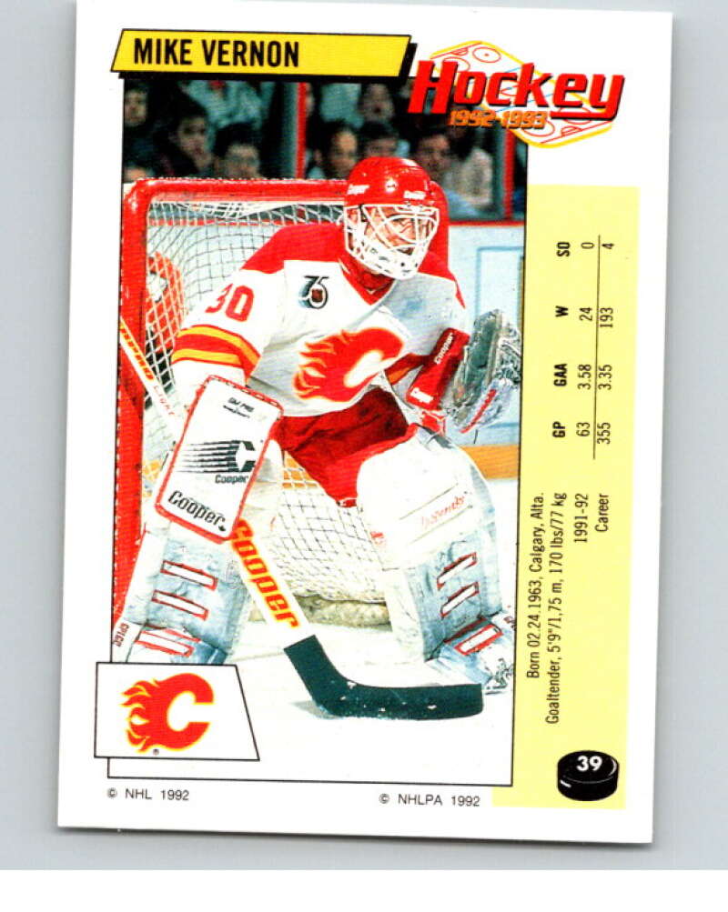 1992-93 Panini Stickers Hockey #39 Mike Vernon Calgary Flames V82538 Image 1