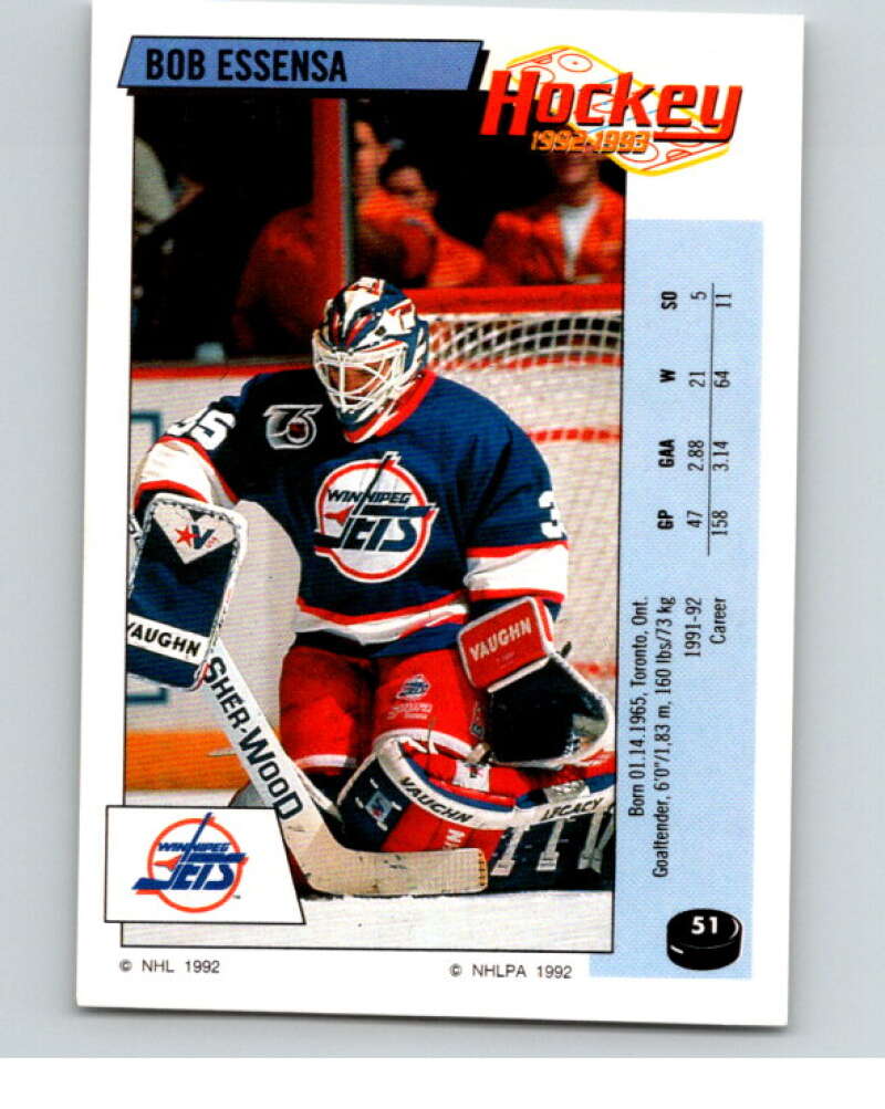 1992-93 Panini Stickers Hockey #51 Bob Essensa Winnipeg Jets V82561 Image 1