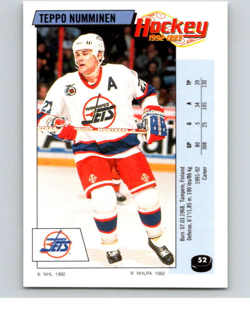 1992-93 Panini Stickers Hockey #52 Teppo Numminen Winnipeg Jets V82562 Image 1