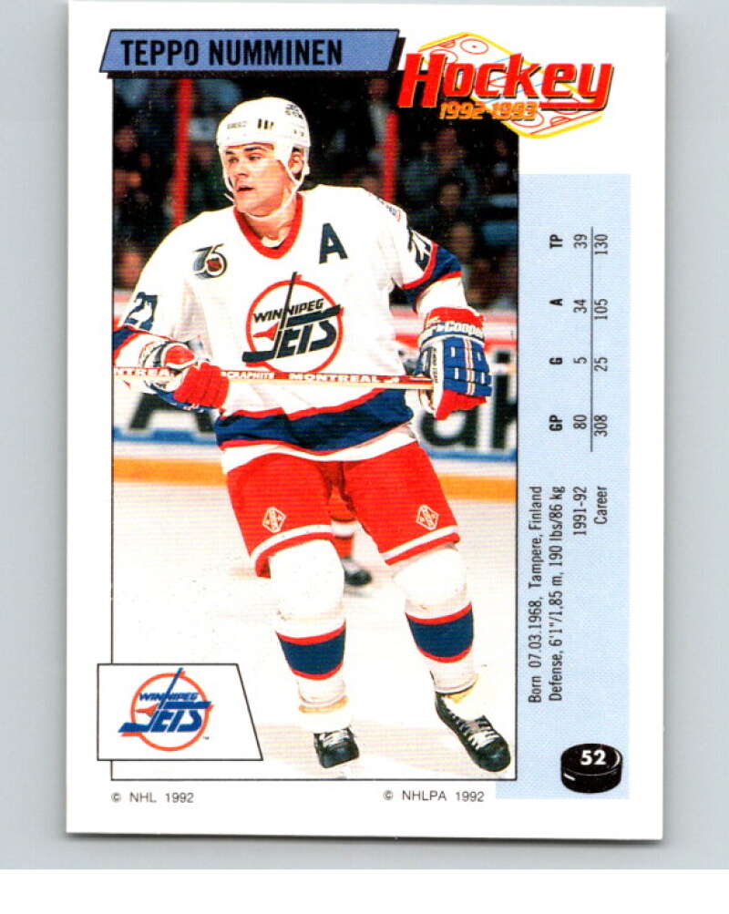1992-93 Panini Stickers Hockey #52 Teppo Numminen Winnipeg Jets V82563 Image 1