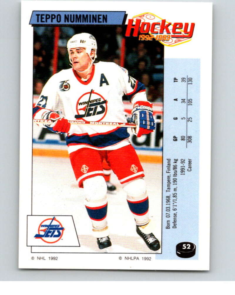 1992-93 Panini Stickers Hockey #52 Teppo Numminen Winnipeg Jets V82564 Image 1
