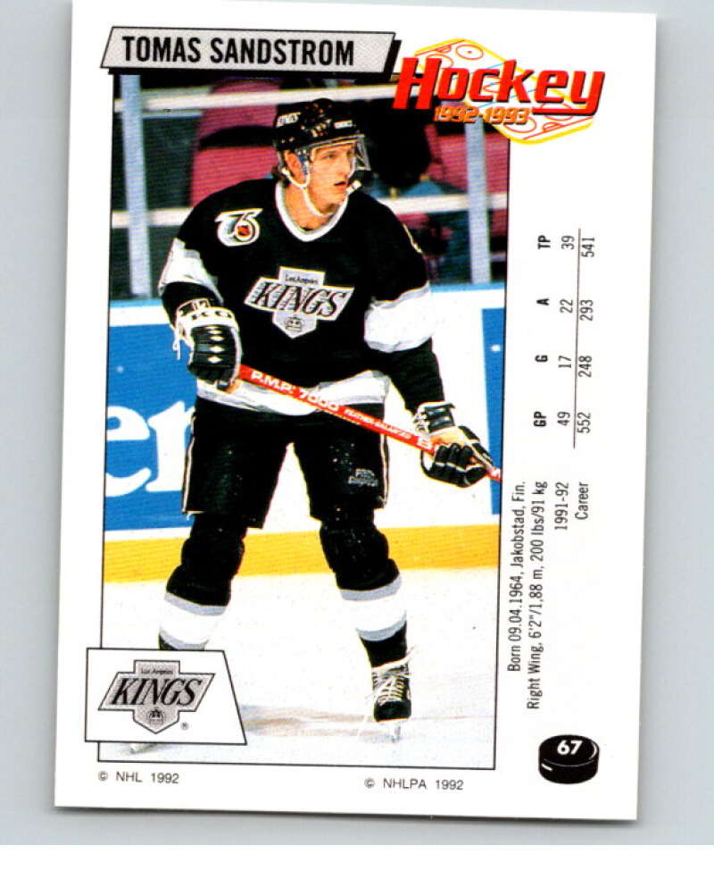 1992-93 Panini Stickers Hockey #67 Tomas Sandstrom Los Angeles Kings V82592 Image 1