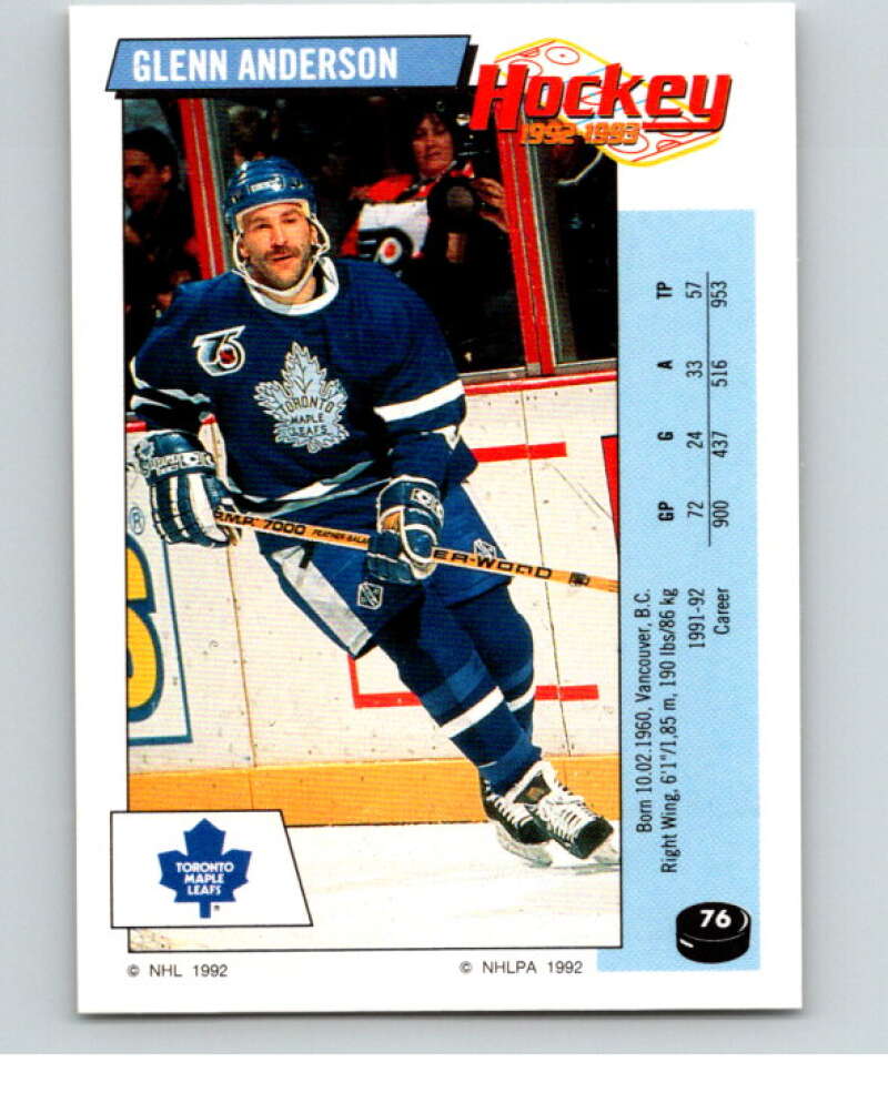 1992-93 Panini Stickers Hockey #76 Glenn Anderson Toronto Maple Leafs V82611 Image 1