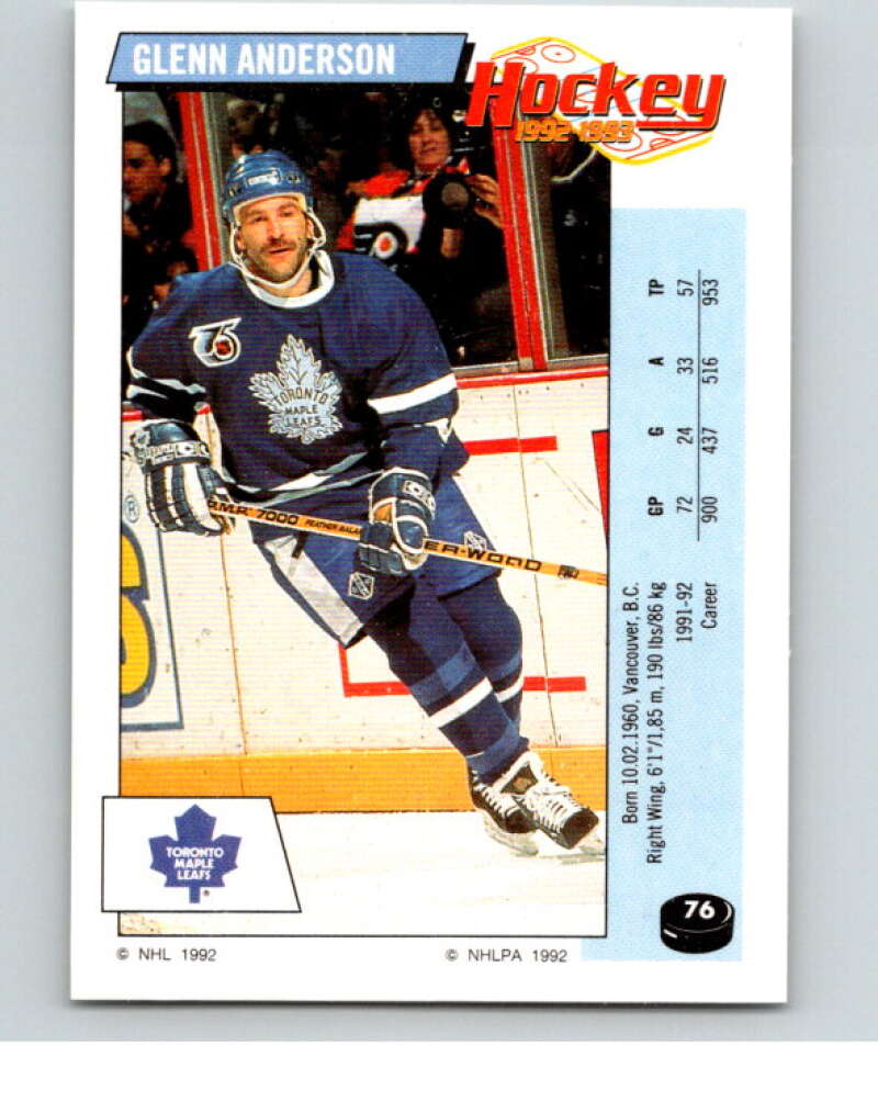 1992-93 Panini Stickers Hockey #76 Glenn Anderson Toronto Maple Leafs V82612 Image 1
