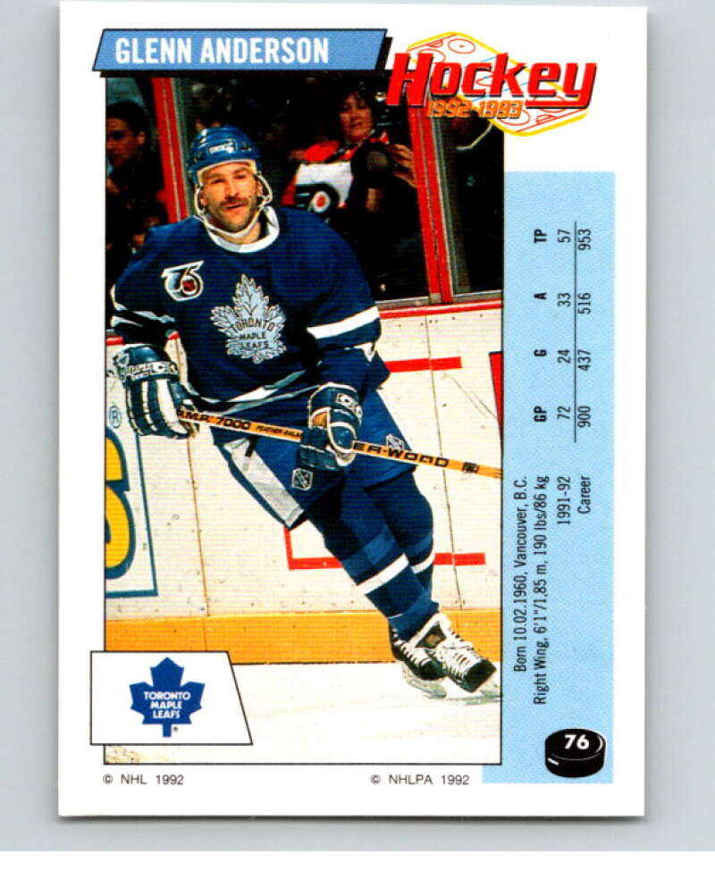 1992-93 Panini Stickers Hockey #76 Glenn Anderson Toronto Maple Leafs V82613 Image 1