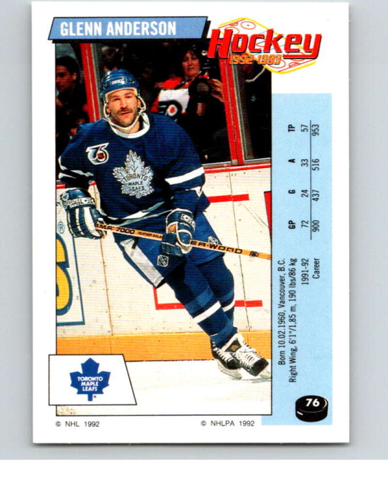 1992-93 Panini Stickers Hockey #76 Glenn Anderson Toronto Maple Leafs V82614 Image 1