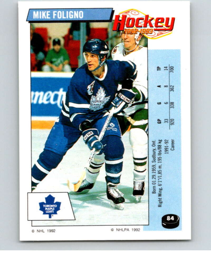 1992-93 Panini Stickers Hockey #84 Mike Foligno Toronto Maple Leafs V82621 Image 1