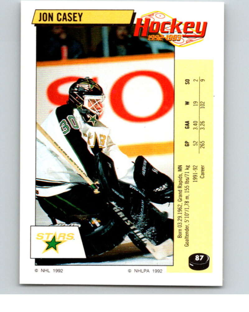 1992-93 Panini Stickers Hockey #87 Jon Casey Minnesota North Stars V82628 Image 1