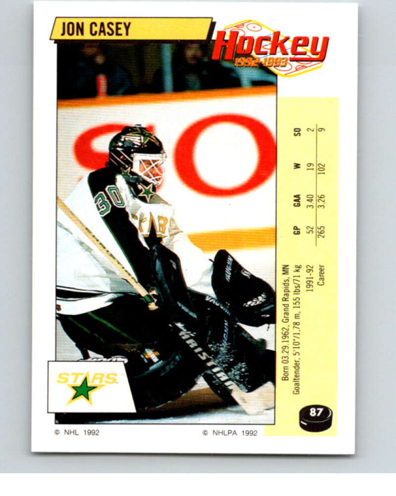 1992-93 Panini Stickers Hockey #87 Jon Casey Minnesota North Stars V82629 Image 1