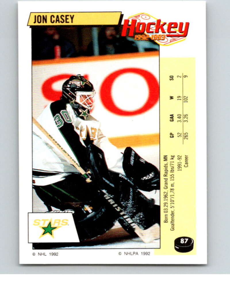 1992-93 Panini Stickers Hockey #87 Jon Casey Minnesota North Stars V82630 Image 1