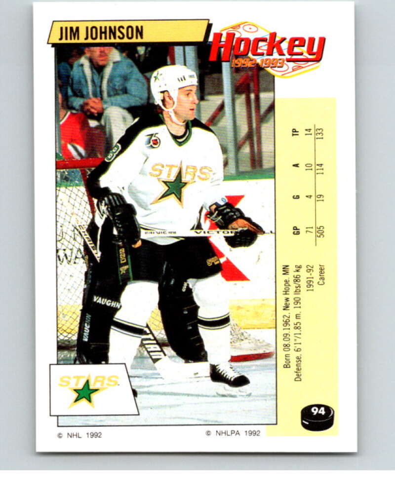 1992-93 Panini Stickers Hockey #94 Jim Johnson Minnesota North Stars V82642 Image 1