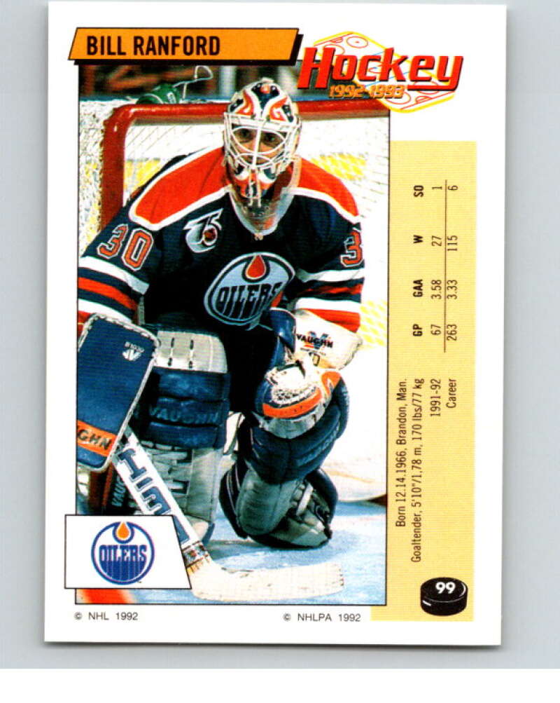 1992-93 Panini Stickers Hockey #99 Bill Ranford Edmonton Oilers V82651 Image 1