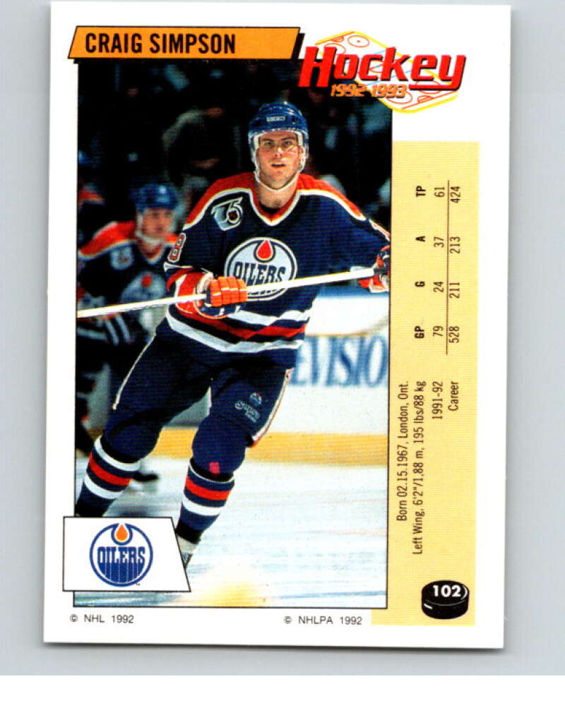 1992-93 Panini Stickers Hockey #102 Craig Simpson Edmonton Oilers V82652 Image 1