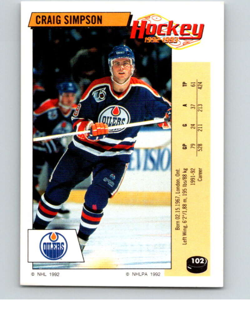1992-93 Panini Stickers Hockey #102 Craig Simpson Edmonton Oilers V82653 Image 1
