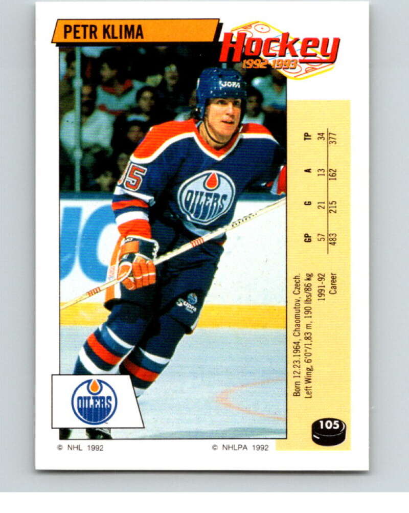 1992-93 Panini Stickers Hockey #105 Petr Klima Edmonton Oilers V82658 Image 1