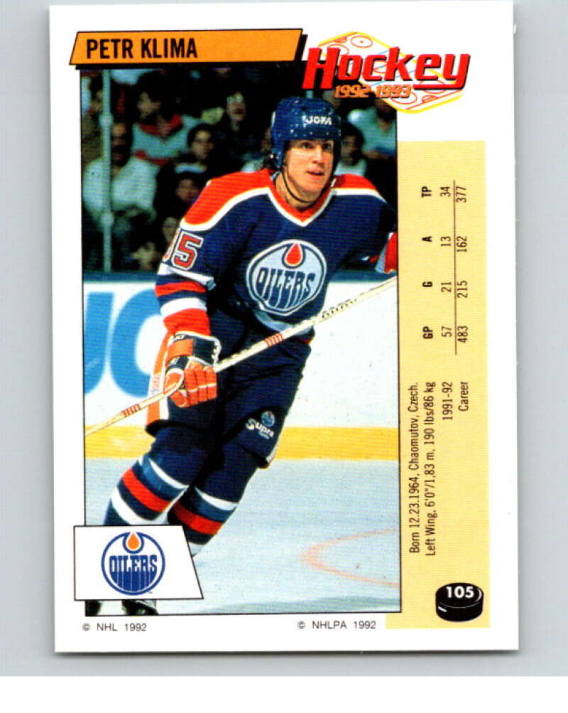 1992-93 Panini Stickers Hockey #105 Petr Klima Edmonton Oilers V82659 Image 1