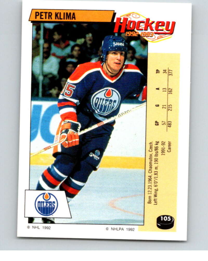 1992-93 Panini Stickers Hockey #105 Petr Klima Edmonton Oilers V82660 Image 1