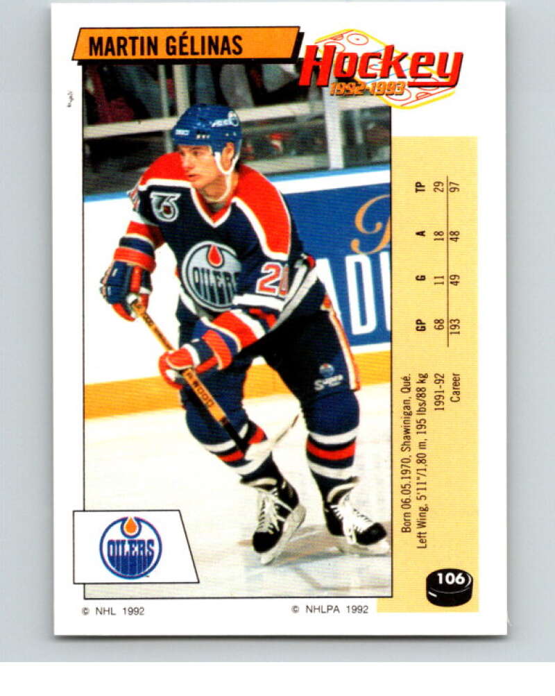 1992-93 Panini Stickers Hockey #106 Martin Gelinas Edmonton Oilers V82662 Image 1