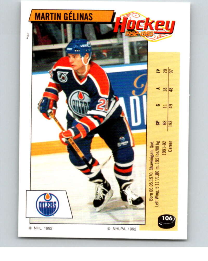 1992-93 Panini Stickers Hockey #106 Martin Gelinas Edmonton Oilers V82663 Image 1