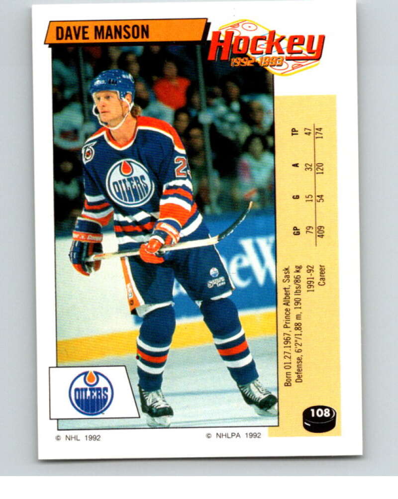 1992-93 Panini Stickers Hockey #108 Dave Manson Edmonton Oilers V82670 Image 1